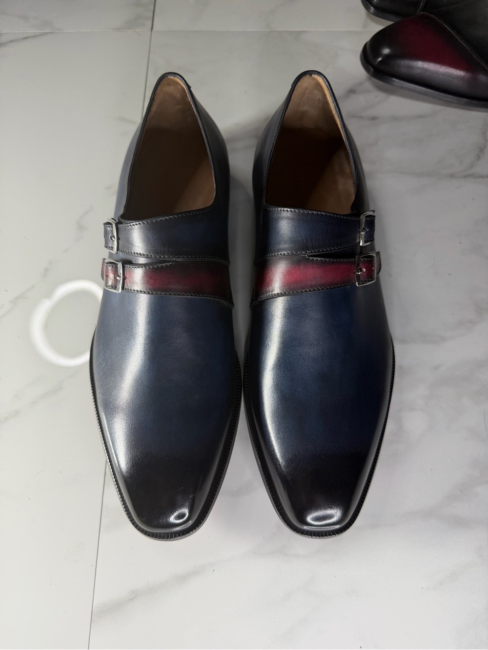 Men's Double Monk Strap Oxfords in Blue with Red Accent